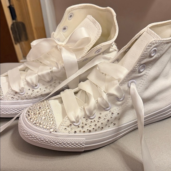 Converse Shoes - Converse White High-Top Rhinestone Satin Lace Sneakers